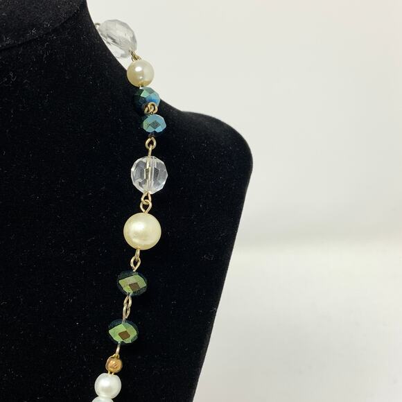 Handmade Artisan Beaded Necklace White Pearlescent Beads Multicolor Gold Tone - Picture 3 of 6